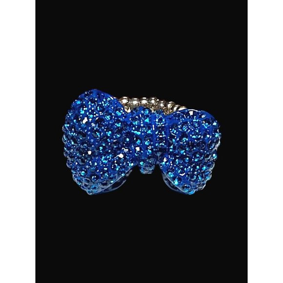 Vintage Cobalt Blue Bow Stretch Ring Enameled Rhinestone Encrusted Silver Tone - Picture 4 of 9